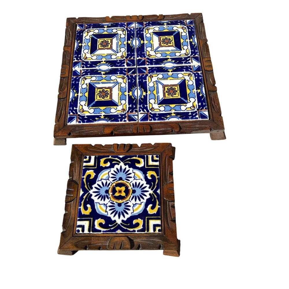 PAIR Vintage Mexican Tile Trivet: Carved Wood Frame, Blue & Yellow Inlay
